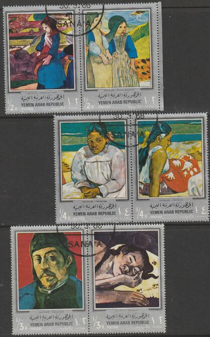 Yemen - Republic 1968 Paintings by Gauguin postage set of 6 (3 se-tenant pairs) cto used, stamps on birds