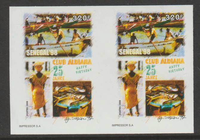 Senegal 1998 25th Anniv of Aldiana Club 320f imperf pair from a limited printing unmounted mint as SG 1505, stamps on fish, stamps on canoes