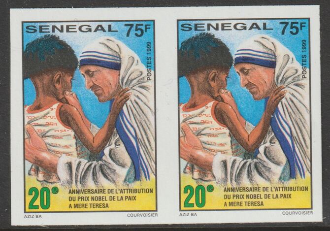 Senegal 1999 Nobel Peace Prize to Mother Teresa 75f imperf pair from a limited printing unmounted mint as SG 1600, stamps on nobel, stamps on mother teresa