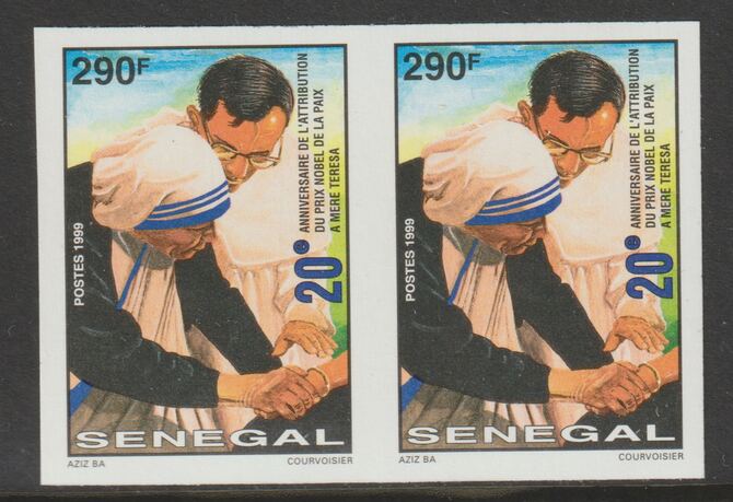 Senegal 1999 Nobel Peace Prize to Mother Teresa 290f imperf pair from a limited printing unmounted mint as SG 1602, stamps on nobel, stamps on mother teresa