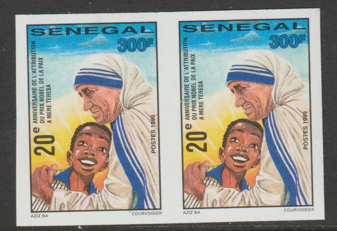 Senegal 1999 Nobel Peace Prize to Mother Teresa 300f imperf pair from a limited printing unmounted mint as SG 1603, stamps on nobel, stamps on mother teresa