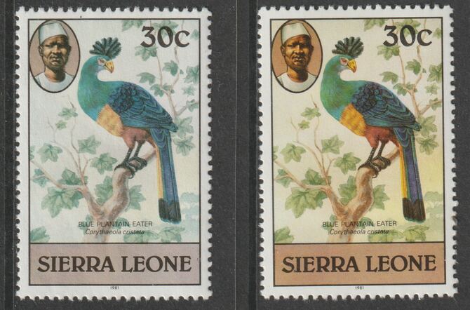 Sierra Leone 1980-82 Birds - Turaco 30c (with 1981 imprint date) two good shades both unmounted mint SG 630B, stamps on , stamps on  stamps on birds, stamps on  stamps on 