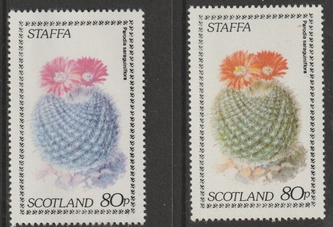 Staffa 1979 Cacti - 80p perf single showing a superb shade apparently due to a dry print of the yellow complete with normal both unmounted mint, stamps on , stamps on  stamps on flowers, stamps on  stamps on cacti