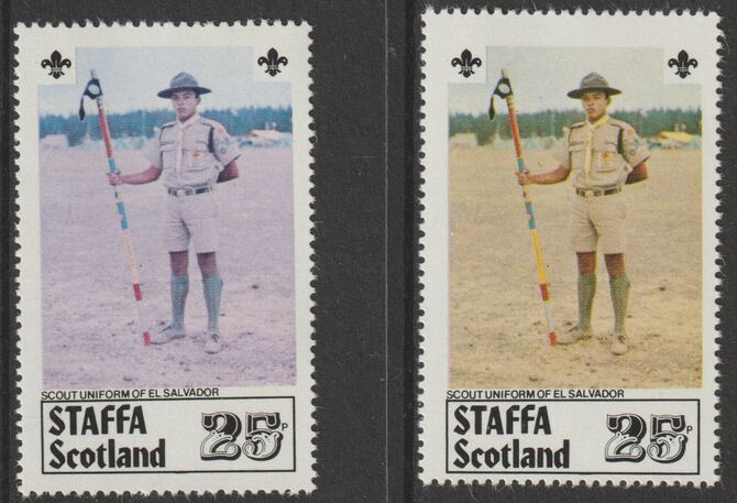 Staffa 1979 Scouts of the World - 25p El Salvador perf single showing a superb shade apparently due to a dry print of the yellow complete with normal both unmounted mint, stamps on scouts