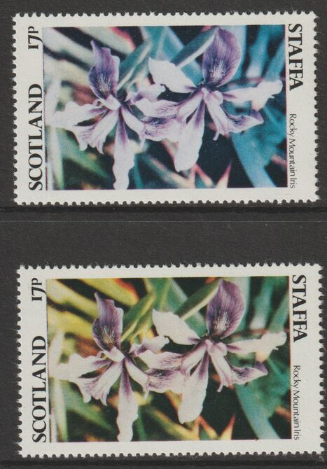 Staffa 1979 Irises - 17p perf single showing a superb shade apparently due to a dry print of the yellow complete with normal both unmounted mint, stamps on flowers, stamps on irises