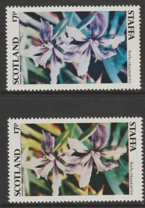 Staffa 1979 Irises - 17p perf single showing a superb shade apparently due to a dry print of the yellow complete with normal both unmounted mint, stamps on , stamps on  stamps on flowers, stamps on  stamps on irises