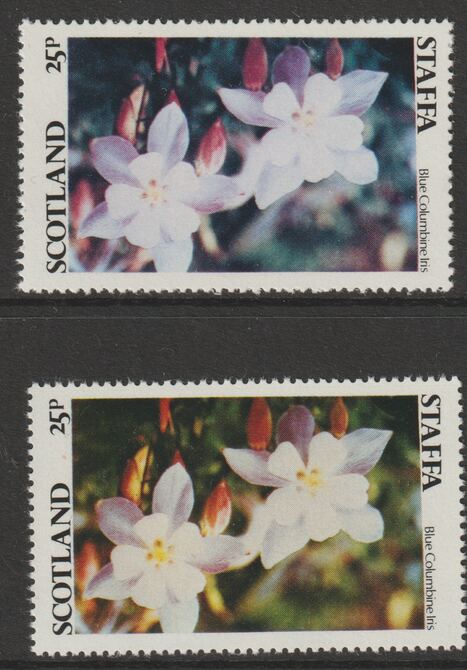 Staffa 1979 Irises - 25p perf single showing a superb shade apparently due to a dry print of the yellow complete with normal both unmounted mint, stamps on , stamps on  stamps on flowers, stamps on  stamps on irises