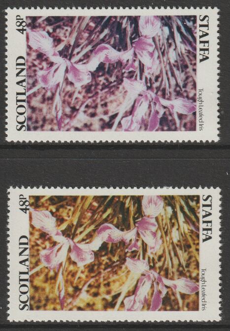 Staffa 1979 Irises - 48p perf single showing a superb shade apparently due to a dry print of the yellow complete with normal both unmounted mint, stamps on , stamps on  stamps on flowers, stamps on  stamps on irises
