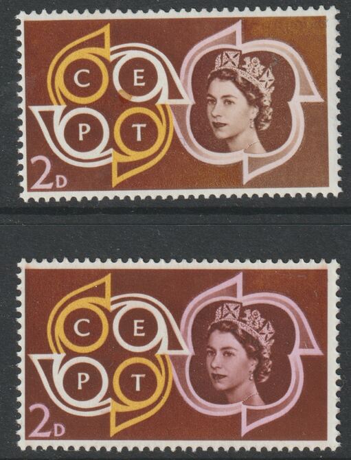 Great Britain 1961 CEPT Conference 2d with superb dry print of pink  (white portrait) complete with normal both unmounted mint, SG 626var, stamps on europa