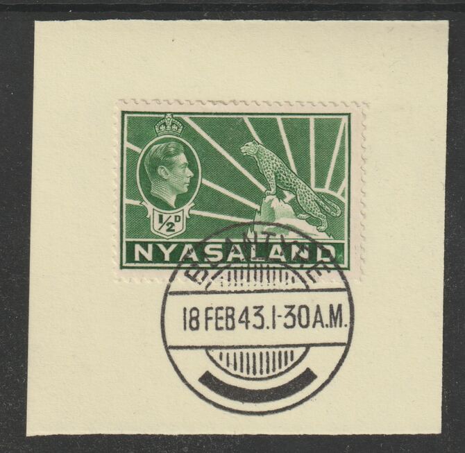 Nyasaland 1938-44 KG6 Leopard Symbol 1/2d green SG 130 on piece with full strike of Madame Joseph forged postmark type 317, stamps on , stamps on  stamps on leopard, stamps on  stamps on  kg6 , stamps on  stamps on forgeries