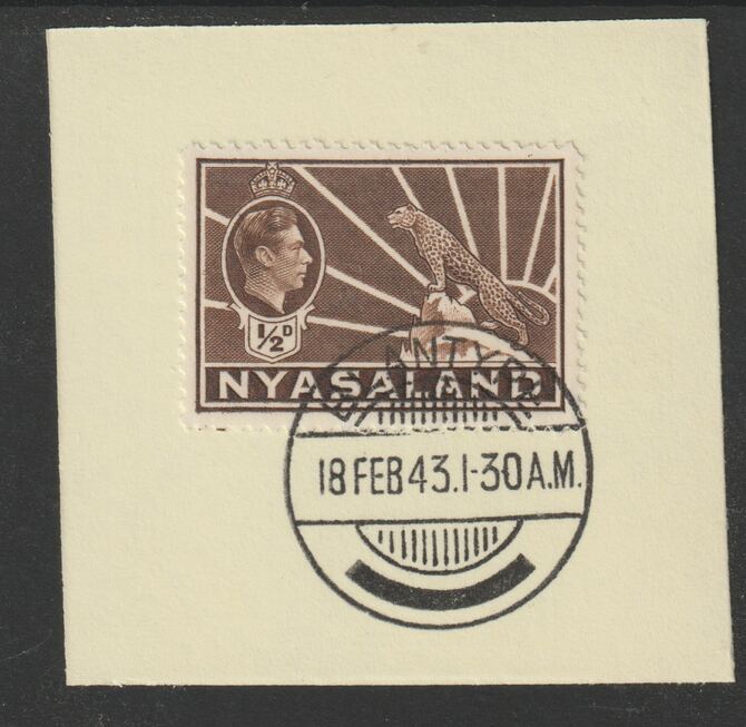 Nyasaland 1938-44 KG6 Leopard Symbol 1/2d brown SG 130a on piece with full strike of Madame Joseph forged postmark type 317, stamps on , stamps on  stamps on leopard, stamps on  stamps on  kg6 , stamps on  stamps on forgeries