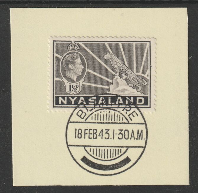 Nyasaland 1938-44 KG6 Leopard Symbol 1.5d grey SG 132a on piece with full strike of Madame Joseph forged postmark type 317, stamps on , stamps on  stamps on leopard, stamps on  stamps on  kg6 , stamps on  stamps on forgeries