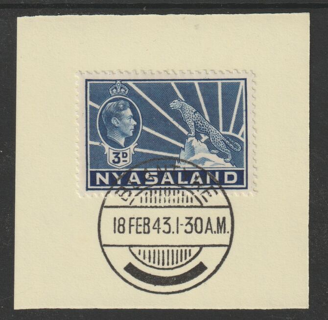 Nyasaland 1938-44 KG6 Leopard Symbol 3d blue SG 134 on piece with full strike of Madame Joseph forged postmark type 317, stamps on leopard, stamps on  kg6 , stamps on forgeries