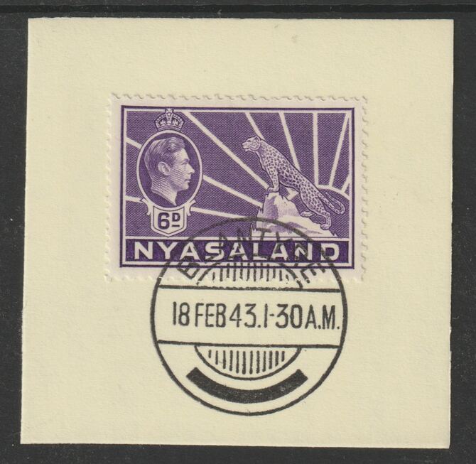 Nyasaland 1938-44 KG6 Leopard Symbol 6d violet SG 136 on piece with full strike of Madame Joseph forged postmark type 317, stamps on leopard, stamps on  kg6 , stamps on forgeries