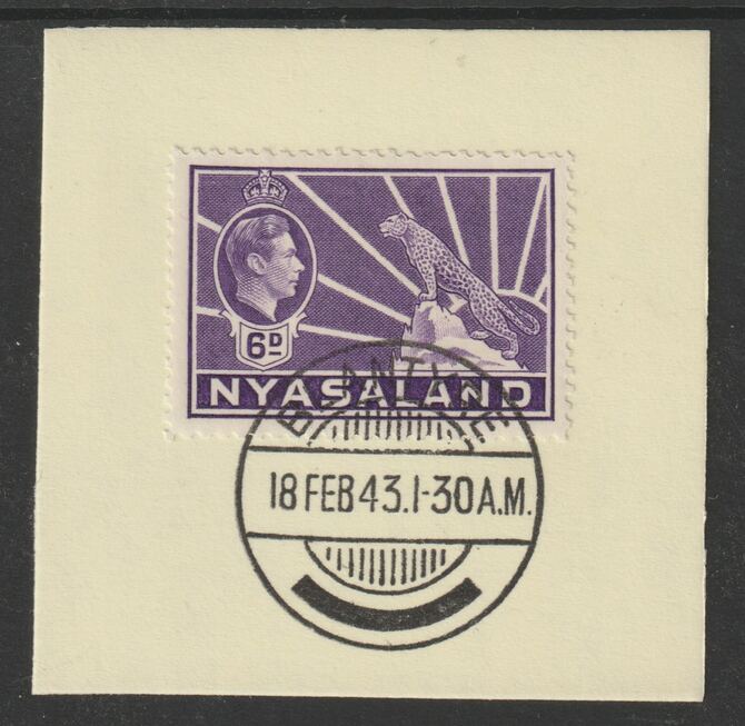 Nyasaland 1938-44 KG6 Leopard Symbol 6d violet SG 136 on piece with full strike of Madame Joseph forged postmark type 317, stamps on , stamps on  stamps on leopard, stamps on  stamps on  kg6 , stamps on  stamps on forgeries