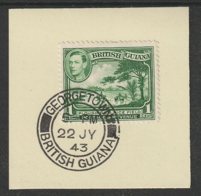 British Guiana 1938 KG6 Pictorial 1c green(SG308a) on piece with full strike of Madame Joseph forged postmark type 72, stamps on , stamps on  kg6 , stamps on forgeries, stamps on ploughing