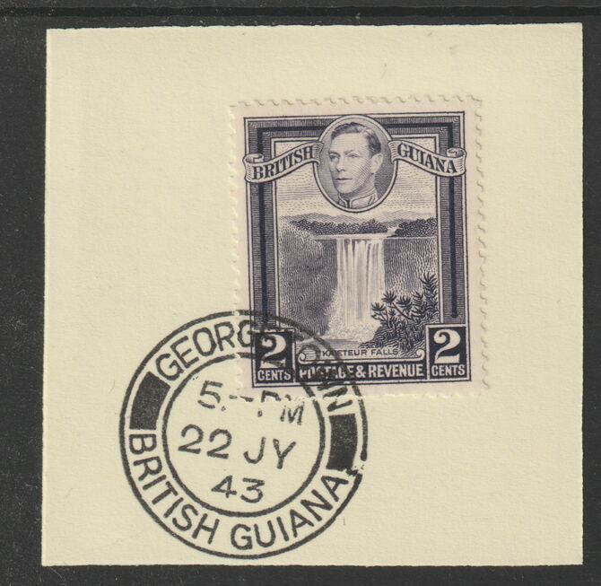 British Guiana 1938 KG6 Pictorial 2c Kaiteur Falls (SG309) on piece with full strike of Madame Joseph forged postmark type 72, stamps on , stamps on  kg6 , stamps on forgeries, stamps on waterfalls