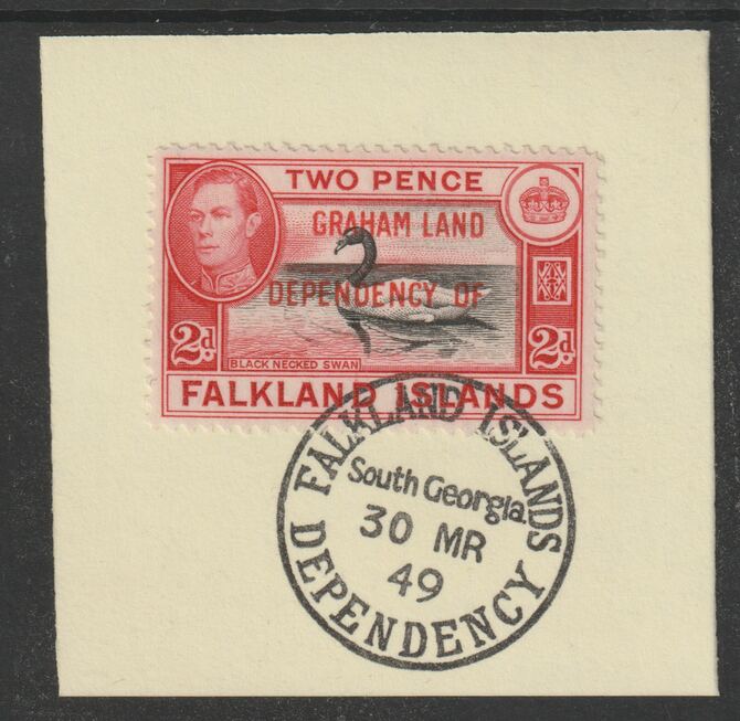 Falkland Islands Dependencies - Graham Land 1944 overprint on KG6 Pictorial 2d (SG A3) on piece with full strike of Madame Joseph forged postmark type 158, stamps on , stamps on  kg6 , stamps on forgery, stamps on 