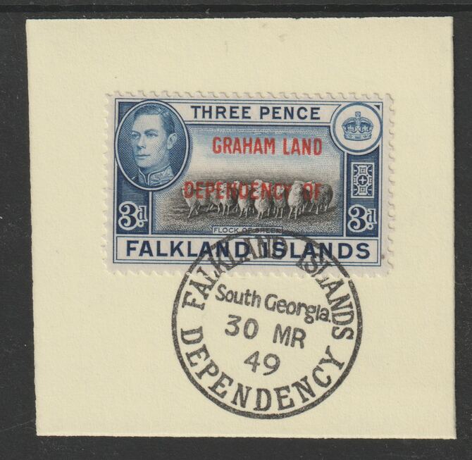Falkland Islands Dependencies - Graham Land 1944 overprint on KG6 Pictorial 3d (SG A4) on piece with full strike of Madame Joseph forged postmark type 158, stamps on , stamps on  kg6 , stamps on forgery, stamps on 