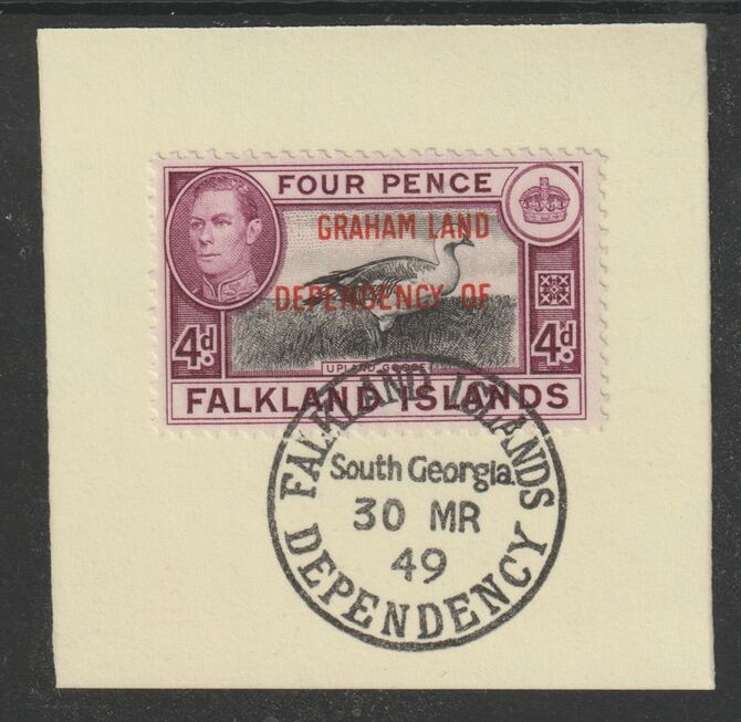 Falkland Islands Dependencies - Graham Land 1944 overprint on KG6 Pictorial 4d (SG A5) on piece with full strike of Madame Joseph forged postmark type 158, stamps on , stamps on  stamps on , stamps on  stamps on  kg6 , stamps on  stamps on forgery, stamps on  stamps on 