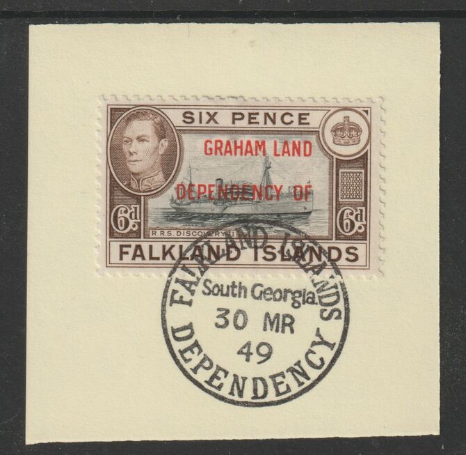 Falkland Islands Dependencies - Graham Land 1944 overprint on KG6 Pictorial 6d (SG A6) on piece with full strike of Madame Joseph forged postmark type 158, stamps on , stamps on  stamps on , stamps on  stamps on  kg6 , stamps on  stamps on forgery, stamps on  stamps on 