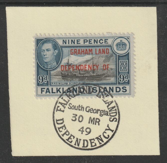 Falkland Islands Dependencies - Graham Land 1944 overprint on KG6 Pictorial 9d (SG A7) on piece with full strike of Madame Joseph forged postmark type 158, stamps on , stamps on  kg6 , stamps on forgery, stamps on 