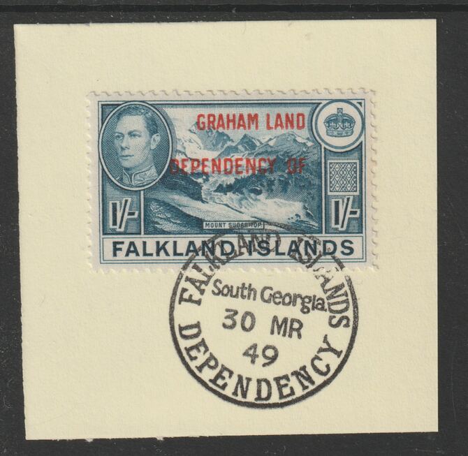 Falkland Islands Dependencies - Graham Land 1944 overprint on KG6 Pictorial 1s (SG A8) on piece with full strike of Madame Joseph forged postmark type 158, stamps on , stamps on  kg6 , stamps on forgery, stamps on 