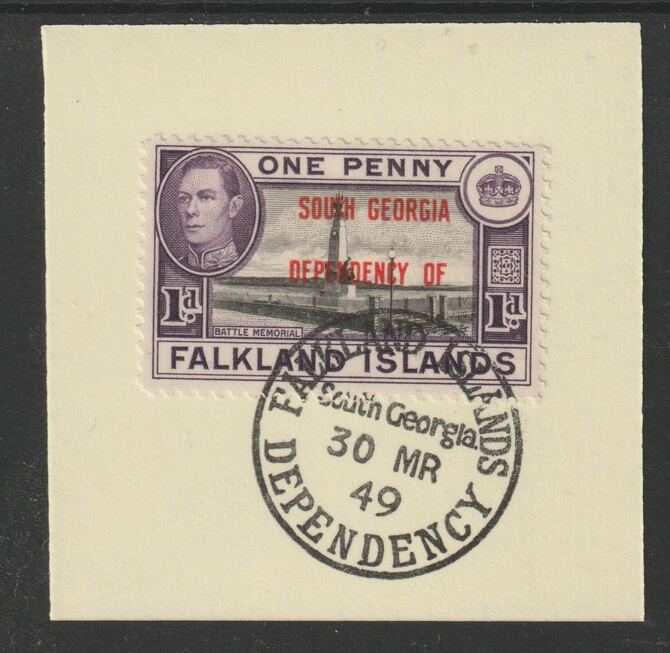 Falkland Islands Dependencies - South Georgia 1944 overprint on KG6 Pictorial 1d (SG B2) on piece with full strike of Madame Joseph forged postmark type 158, stamps on , stamps on  kg6 , stamps on forgery, stamps on 