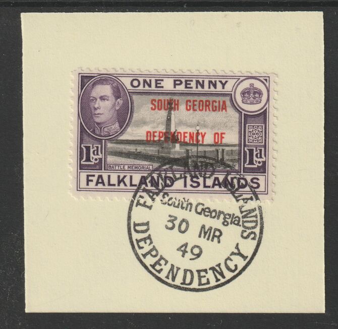 Falkland Islands Dependencies - South Georgia 1944 overprint on KG6 Pictorial 1d (SG B2) on piece with full strike of Madame Joseph forged postmark type 158, stamps on , stamps on  stamps on , stamps on  stamps on  kg6 , stamps on  stamps on forgery, stamps on  stamps on 