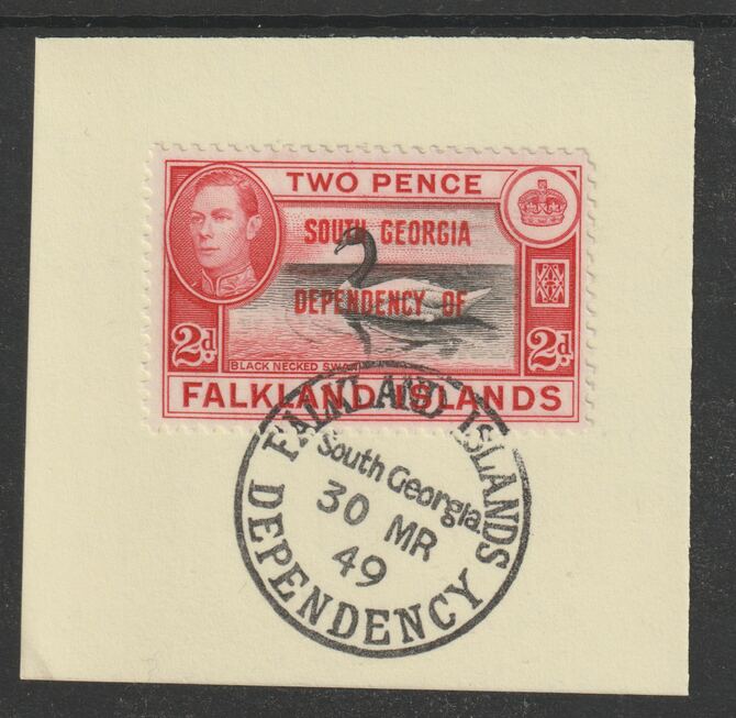 Falkland Islands Dependencies - South Georgia 1944 overprint on KG6 Pictorial 2d (SG B3) on piece with full strike of Madame Joseph forged postmark type 158, stamps on , stamps on  kg6 , stamps on forgery, stamps on 