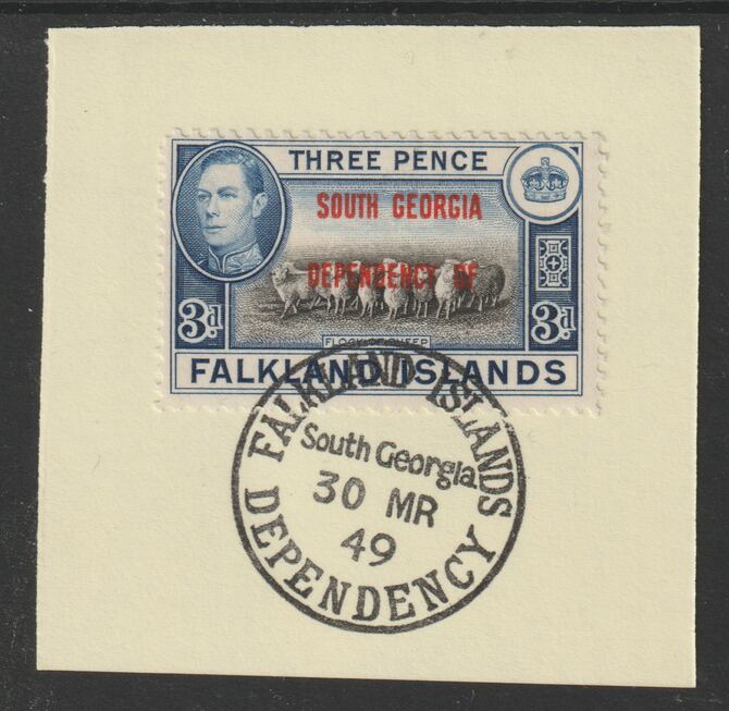 Falkland Islands Dependencies - South Georgia 1944 overprint on KG6 Pictorial 3d (SG B4) on piece with full strike of Madame Joseph forged postmark type 158, stamps on , stamps on  stamps on , stamps on  stamps on  kg6 , stamps on  stamps on forgery, stamps on  stamps on 