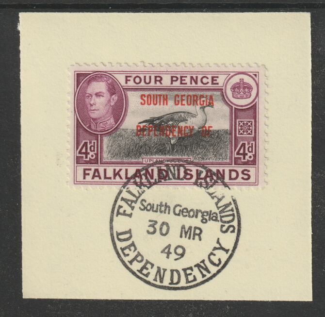 Falkland Islands Dependencies - South Georgia 1944 overprint on KG6 Pictorial 4d (SG B5) on piece with full strike of Madame Joseph forged postmark type 158, stamps on , stamps on  kg6 , stamps on forgery, stamps on 