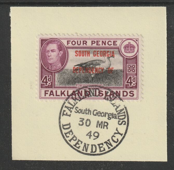 Falkland Islands Dependencies - South Georgia 1944 overprint on KG6 Pictorial 4d (SG B5) on piece with full strike of Madame Joseph forged postmark type 158, stamps on , stamps on  stamps on , stamps on  stamps on  kg6 , stamps on  stamps on forgery, stamps on  stamps on 