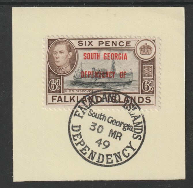 Falkland Islands Dependencies - South Georgia 1944 overprint on KG6 Pictorial 6d (SG B6) on piece with full strike of Madame Joseph forged postmark type 158, stamps on , stamps on  stamps on , stamps on  stamps on  kg6 , stamps on  stamps on forgery, stamps on  stamps on 