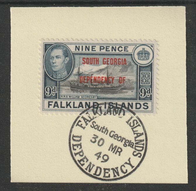 Falkland Islands Dependencies - South Georgia 1944 overprint on KG6 Pictorial 9d (SG B7) on piece with full strike of Madame Joseph forged postmark type 158, stamps on , stamps on  kg6 , stamps on forgery, stamps on 