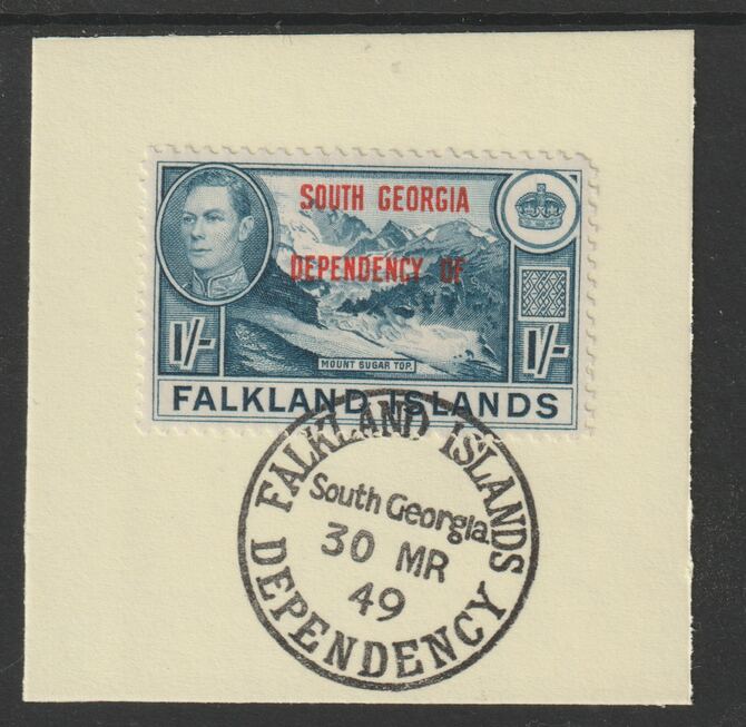 Falkland Islands Dependencies - South Georgia 1944 overprint on KG6 Pictorial 1s (SG B8) on piece with full strike of Madame Joseph forged postmark type 158, stamps on , stamps on  kg6 , stamps on forgery, stamps on 