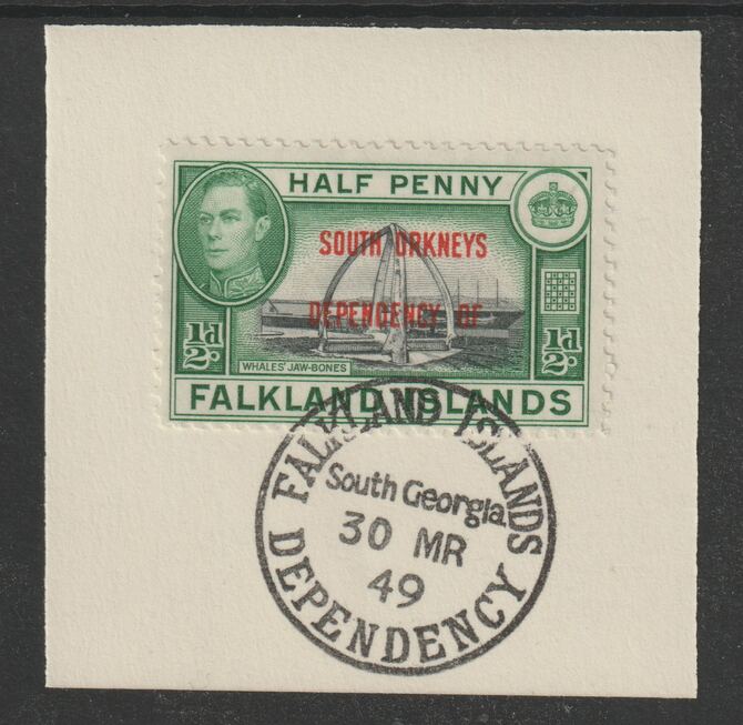 Falkland Islands Dependencies - South Orkneys 1944 overprint on KG6 Pictorial 1/2d (SG C1) on piece with full strike of Madame Joseph forged postmark type 158, stamps on , stamps on  kg6 , stamps on forgery, stamps on 