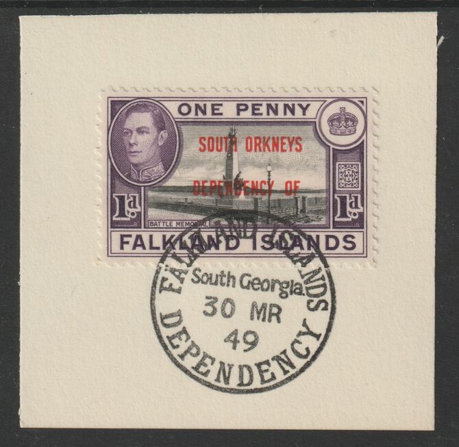 Falkland Islands Dependencies - South Orkneys 1944 overprint on KG6 Pictorial 1d (SG C2) on piece with full strike of Madame Joseph forged postmark type 158, stamps on , stamps on  stamps on , stamps on  stamps on  kg6 , stamps on  stamps on forgery, stamps on  stamps on 