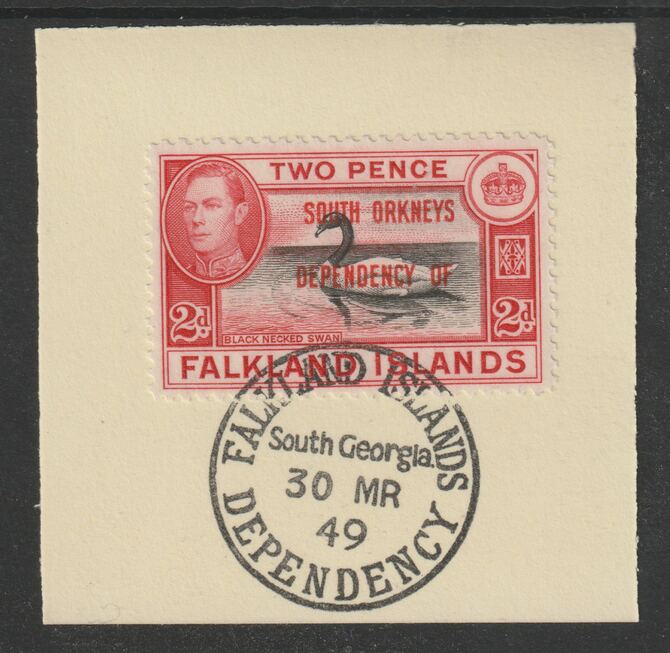 Falkland Islands Dependencies - South Orkneys 1944 overprint on KG6 Pictorial 2d (SG C3) on piece with full strike of Madame Joseph forged postmark type 158, stamps on , stamps on  kg6 , stamps on forgery, stamps on 