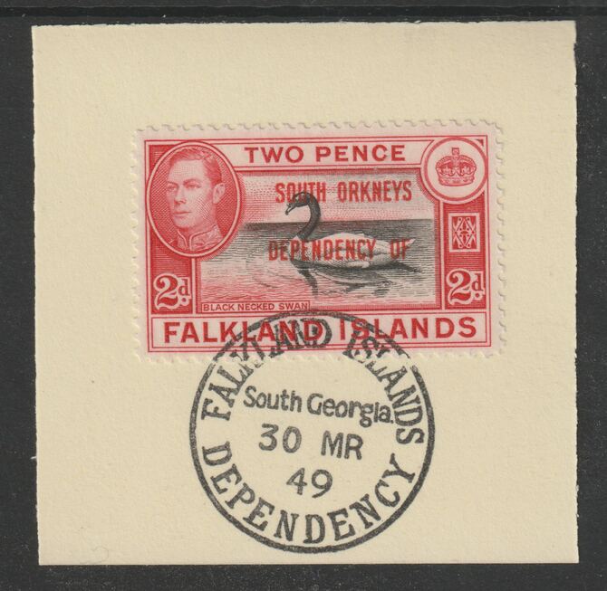 Falkland Islands Dependencies - South Orkneys 1944 overprint on KG6 Pictorial 2d (SG C3) on piece with full strike of Madame Joseph forged postmark type 158, stamps on , stamps on  stamps on , stamps on  stamps on  kg6 , stamps on  stamps on forgery, stamps on  stamps on 