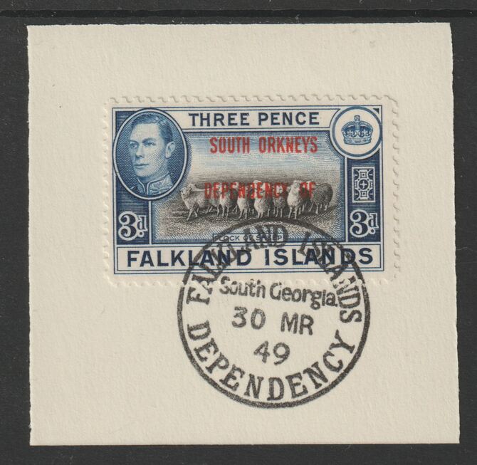 Falkland Islands Dependencies - South Orkneys 1944 overprint on KG6 Pictorial 3d (SG C4) on piece with full strike of Madame Joseph forged postmark type 158, stamps on , stamps on  kg6 , stamps on forgery, stamps on 