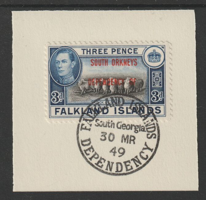 Falkland Islands Dependencies - South Orkneys 1944 overprint on KG6 Pictorial 3d (SG C4) on piece with full strike of Madame Joseph forged postmark type 158, stamps on , stamps on  stamps on , stamps on  stamps on  kg6 , stamps on  stamps on forgery, stamps on  stamps on 