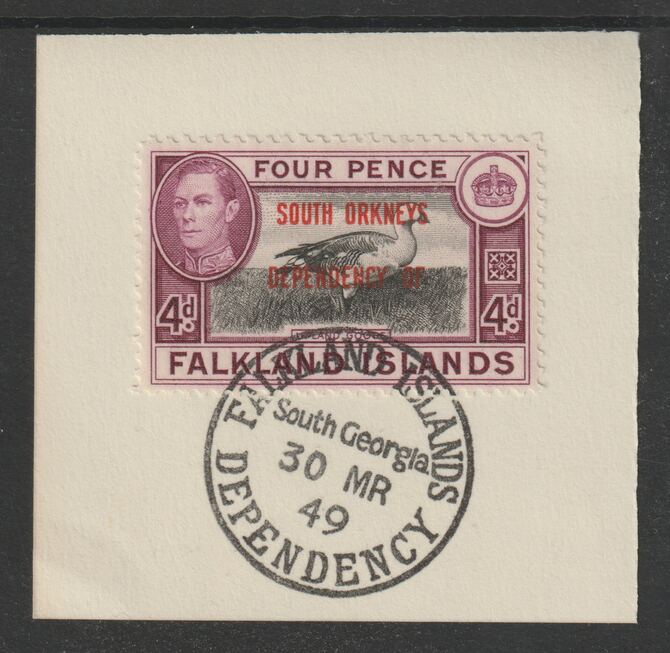 Falkland Islands Dependencies - South Orkneys 1944 overprint on KG6 Pictorial 4d (SG C5) on piece with full strike of Madame Joseph forged postmark type 158, stamps on , stamps on  stamps on , stamps on  stamps on  kg6 , stamps on  stamps on forgery, stamps on  stamps on 
