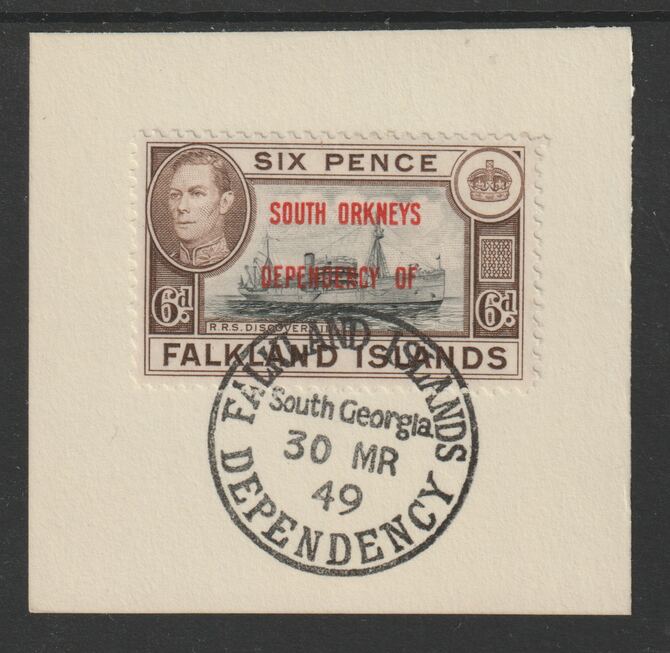 Falkland Islands Dependencies - South Orkneys 1944 overprint on KG6 Pictorial 6d (SG C6) on piece with full strike of Madame Joseph forged postmark type 158, stamps on , stamps on  kg6 , stamps on forgery, stamps on 