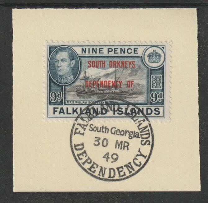 Falkland Islands Dependencies - South Orkneys 1944 overprint on KG6 Pictorial 9d (SG C7) on piece with full strike of Madame Joseph forged postmark type 158, stamps on , stamps on  kg6 , stamps on forgery, stamps on 