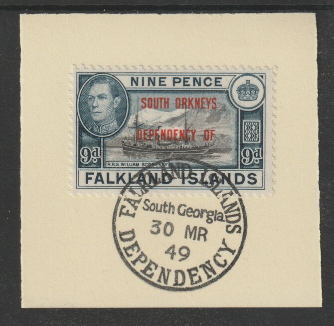 Falkland Islands Dependencies - South Orkneys 1944 overprint on KG6 Pictorial 9d (SG C7) on piece with full strike of Madame Joseph forged postmark type 158, stamps on , stamps on  stamps on , stamps on  stamps on  kg6 , stamps on  stamps on forgery, stamps on  stamps on 