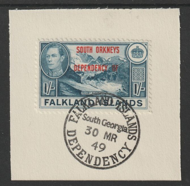 Falkland Islands Dependencies - South Orkneys 1944 overprint on KG6 Pictorial 1s (SG C8) on piece with full strike of Madame Joseph forged postmark type 158, stamps on , stamps on  kg6 , stamps on forgery, stamps on 