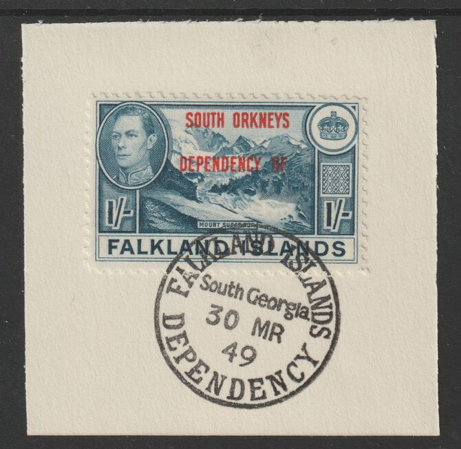 Falkland Islands Dependencies - South Orkneys 1944 overprint on KG6 Pictorial 1s (SG C8) on piece with full strike of Madame Joseph forged postmark type 158, stamps on , stamps on  stamps on , stamps on  stamps on  kg6 , stamps on  stamps on forgery, stamps on  stamps on 