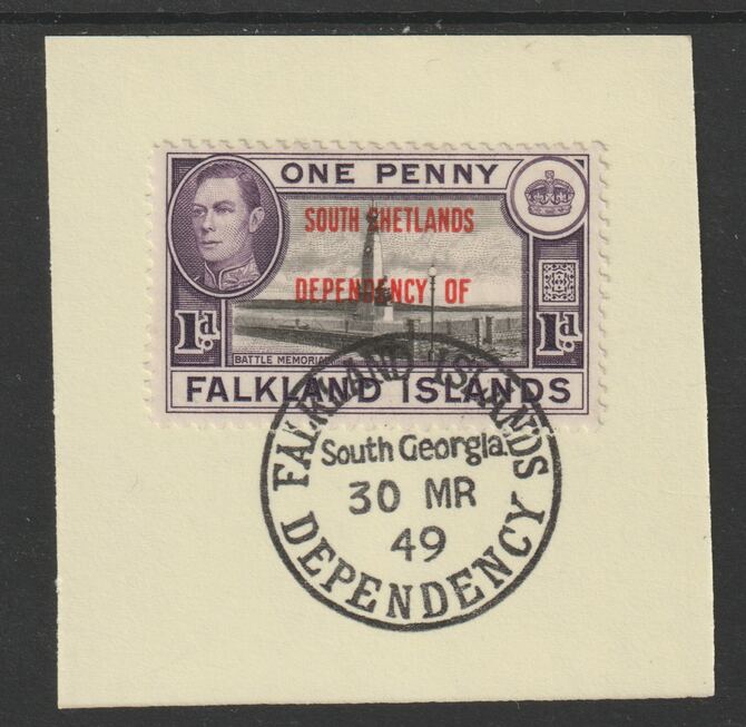 Falkland Islands Dependencies - South Shetlands 1944 overprint on KG6 Pictorial 1d (SG D2) on piece with full strike of Madame Joseph forged postmark type 158, stamps on , stamps on  stamps on , stamps on  stamps on  kg6 , stamps on  stamps on forgery, stamps on  stamps on 