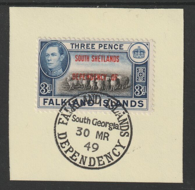 Falkland Islands Dependencies - South Shetlands 1944 overprint on KG6 Pictorial 3d (SG D4) on piece with full strike of Madame Joseph forged postmark type 158, stamps on , stamps on  kg6 , stamps on forgery, stamps on 
